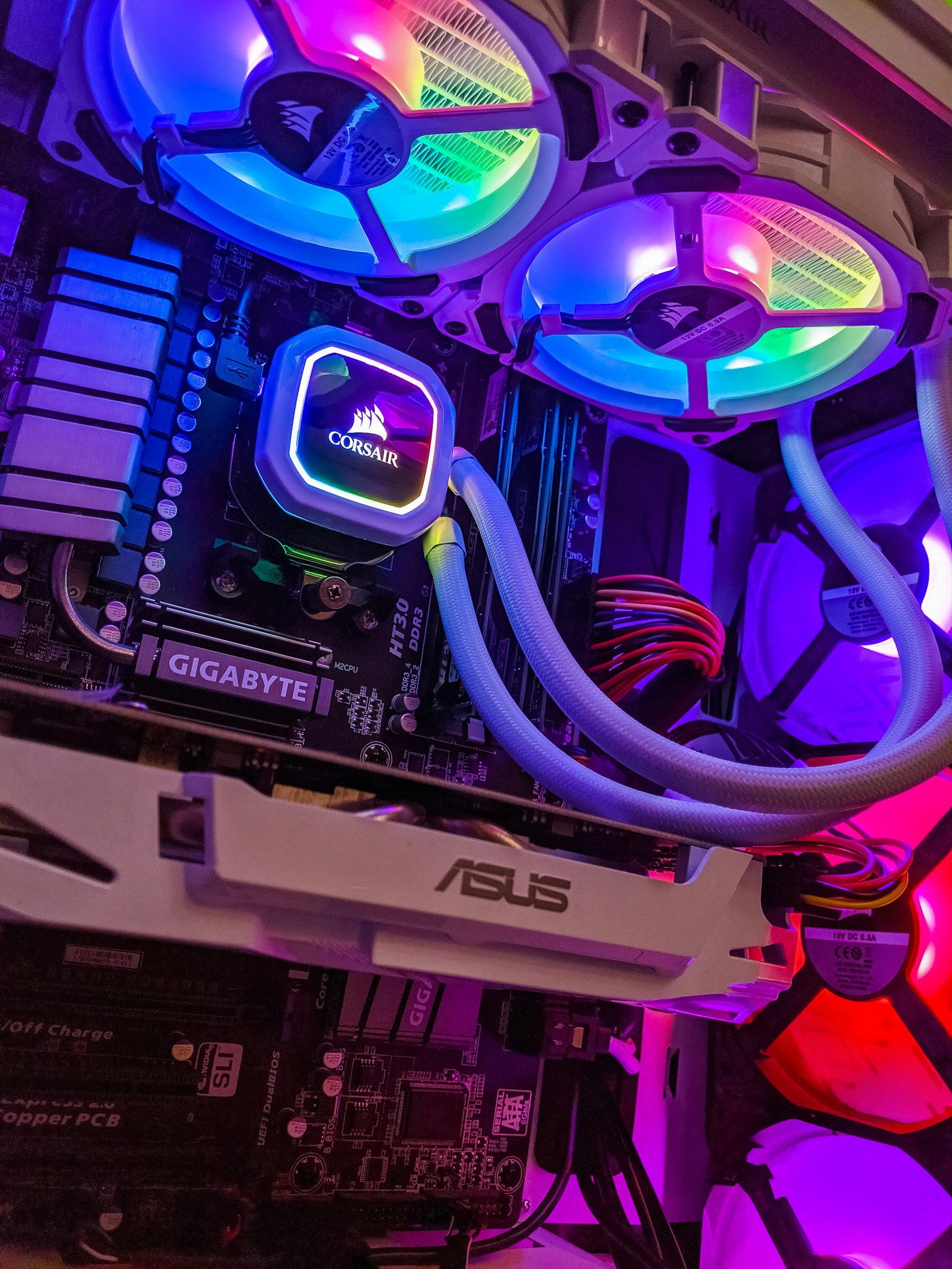 A black computer tower with blue accent lighting